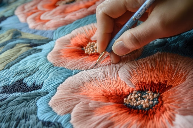 Hand at work stitching floral pattern